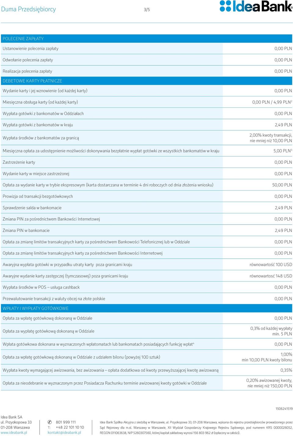 nie mniej niż 1 Miesięczna opłata za udostępnienie możliwości dokonywania bezpłatnie wypłat gotówki ze wszystkich bankomatów w kraju 5,00 PLN 3 Zastrzeżenie karty Wydanie karty w miejsce zastrzeżonej