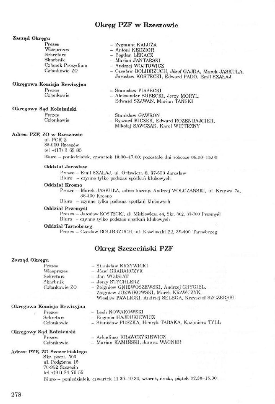 Stanisław GAWRON - Ryelutd KICZEK, Edward ROZENBAJGIER, Milcoloj SAWCZAK, Karol WIETRZNY Adres: PZF, ZO w Rzeszowie PCK 2 35-000 Rzeszów tel 4(17) 385 85 Biuro - poniedziałek, czwartek 10.00-17.