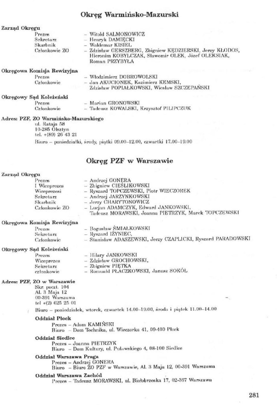 Włodzimierz DOBROWOLSKI - Jan AKIJCIONEK, Kazimierz KEMSKI, Zdzisław POPIAŁKOWSKI, Wkult. SZCZEPAŃSKI - Marian GRONOWSKI - Tadeusz KOWALSKI, Krzysztof PILI PCZUK Biuro - poniedziałki, Grody, Motki 00.