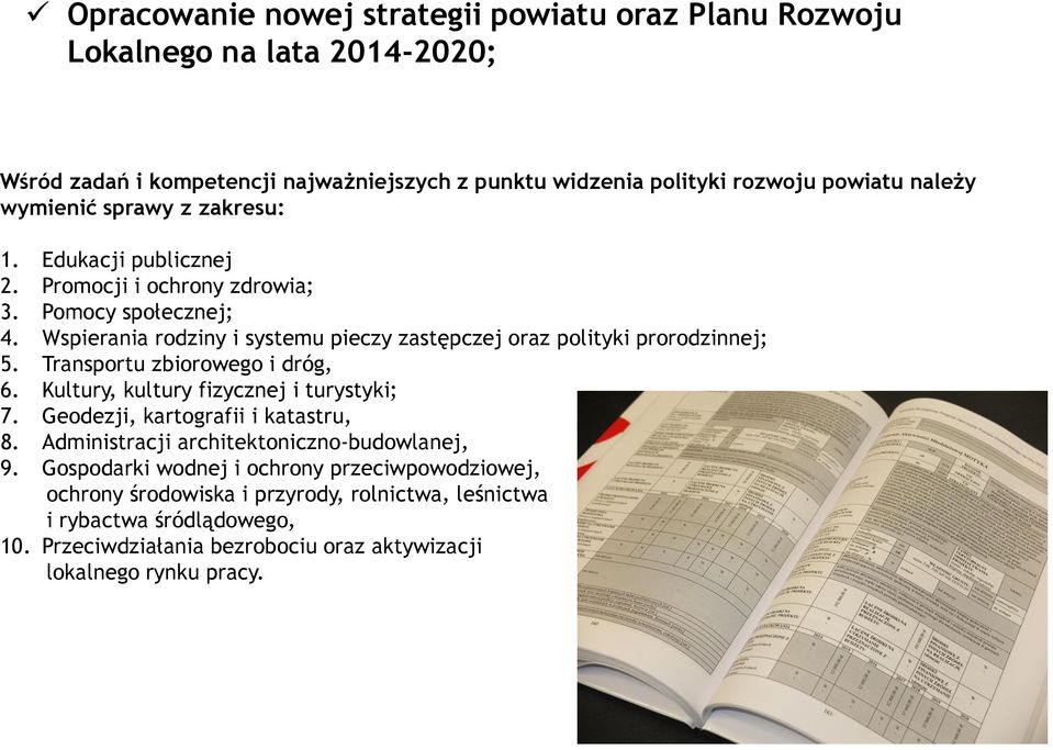 Wspierania rodziny i systemu pieczy zastępczej oraz polityki prorodzinnej; 5. Transportu zbiorowego i dróg, 6. Kultury, kultury fizycznej i turystyki; 7.