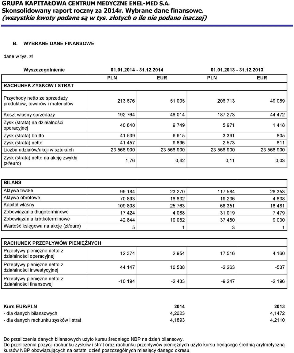 2013 RACHUNEK ZYSKÓW I STRAT PLN EUR PLN EUR Przychody netto ze sprzedaży produktów, towarów i materiałów 213 676 51 005 206 713 49 089 Koszt własny sprzedaży 192 764 46 014 187 273 44 472 Zysk