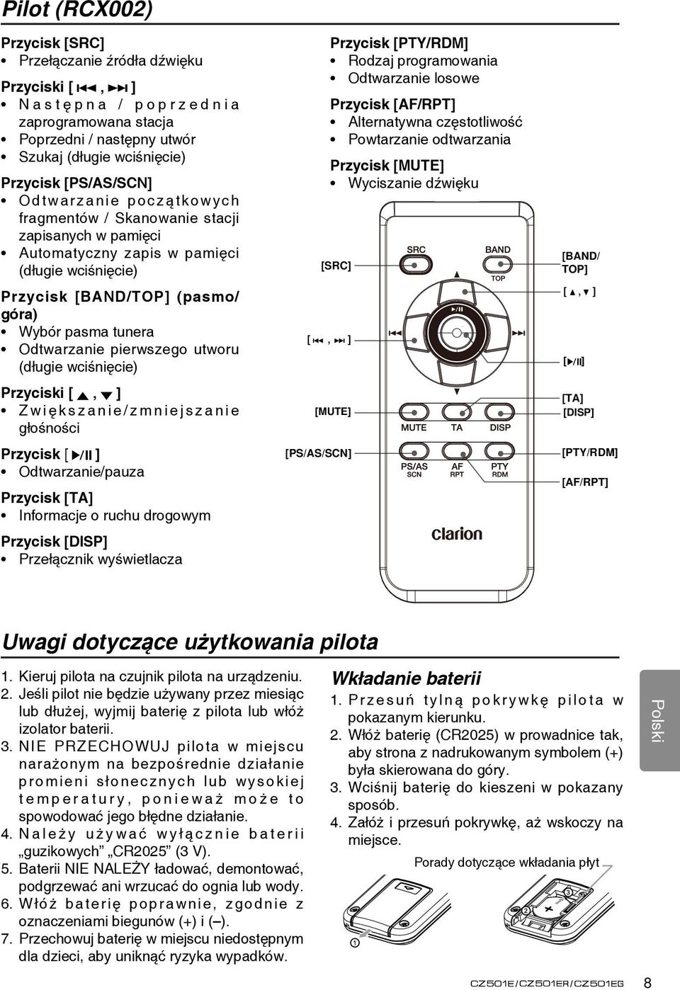 Odtwarzanie pierwszego utworu (długie wciśnięcie) Przyciski [, ] Z w i ę k s z a n i e / z m n i e j s z a n i e głośności Przycisk [ ] Odtwarzanie/pauza Przycisk [TA] Informacje o ruchu drogowym