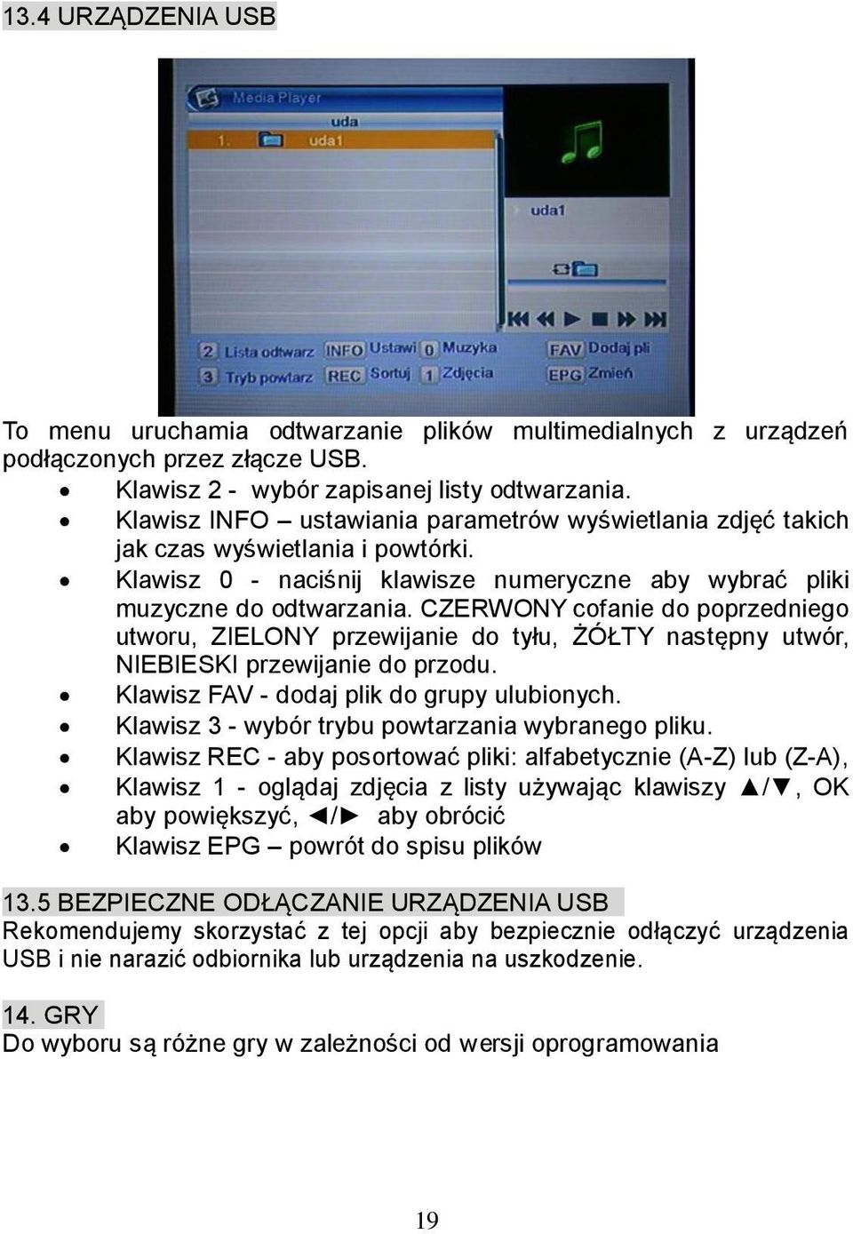 CZERWONY cofanie do poprzedniego utworu, ZIELONY przewijanie do tyłu, ŻÓŁTY następny utwór, NIEBIESKI przewijanie do przodu. Klawisz FAV - dodaj plik do grupy ulubionych.