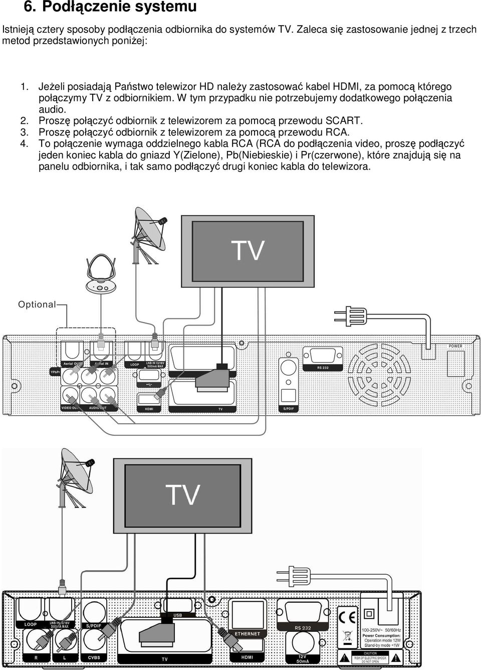 Proszę połączyć odbiornik z telewizorem za pomocą przewodu SCART. 3. Proszę połączyć odbiornik z telewizorem za pomocą przewodu RCA. 4.