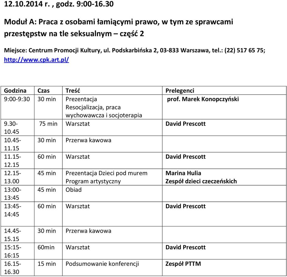 Marek Konopczyński Resocjalizacja, praca wychowawcza i socjoterapia 9. 75 Warsztat David Prescott 10.45 10.45 Przerwa kawowa 11.15 11.15 60 Warsztat David Prescott 12.15 12.15 13.