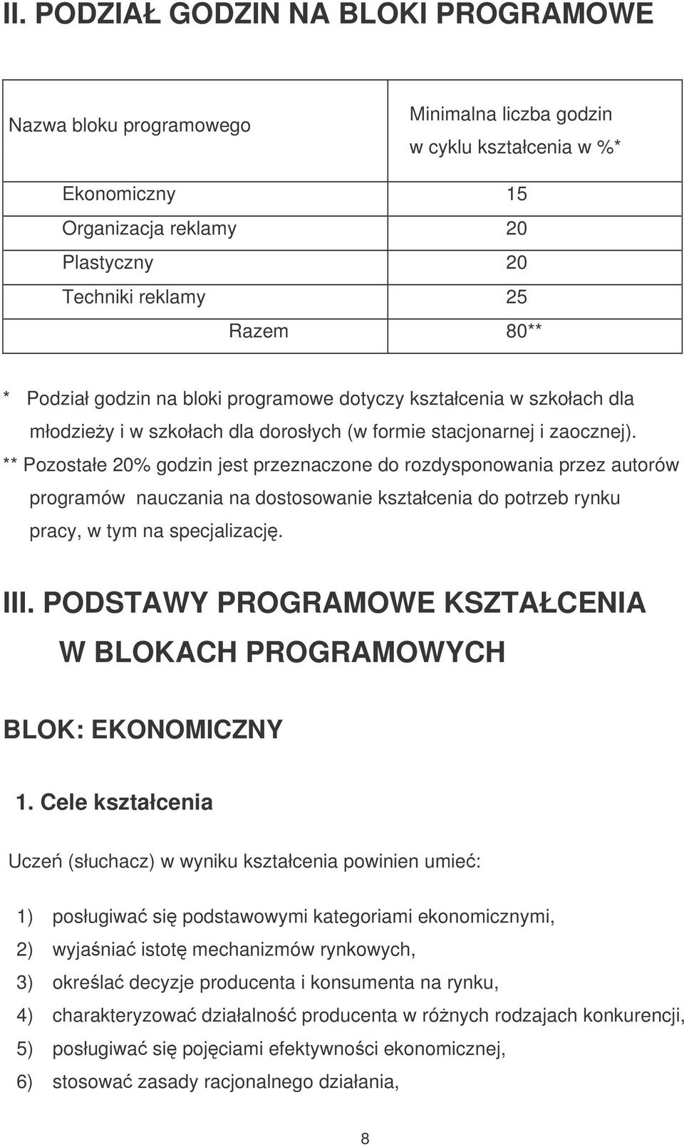 ** Pozostałe 20% godzin jest przeznaczone do rozdysponowania przez autorów programów nauczania na dostosowanie kształcenia do potrzeb rynku pracy, w tym na specjalizacj. III.