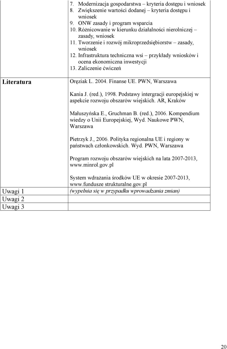 Infrastruktura techniczna wsi przykłady wniosków i ocena ekonomiczna inwestycji 13. Zaliczenie ćwiczeń Literatura Oręziak L. 2004. Finanse UE. PWN, Warszawa Kania J. (red.), 1998.