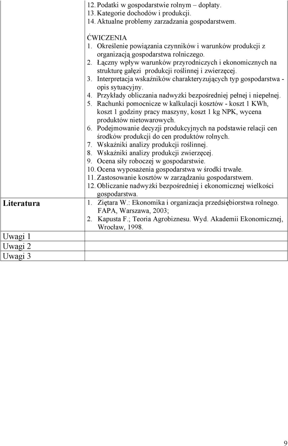 Łączny wpływ warunków przyrodniczych i ekonomicznych na strukturę gałęzi produkcji roślinnej i zwierzęcej. 3. Interpretacja wskaźników charakteryzujących typ gospodarstwa - opis sytuacyjny. 4.