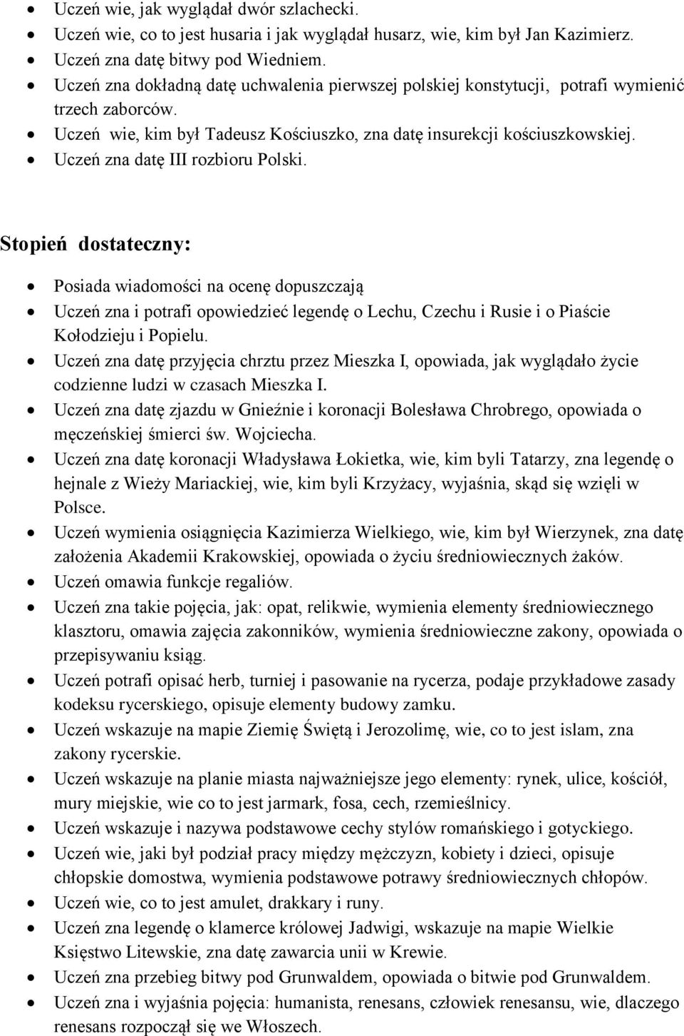 Uczeń zna datę III rozbioru Polski. Stopień dostateczny: Posiada wiadomości na ocenę dopuszczają Uczeń zna i potrafi opowiedzieć legendę o Lechu, Czechu i Rusie i o Piaście Kołodzieju i Popielu.