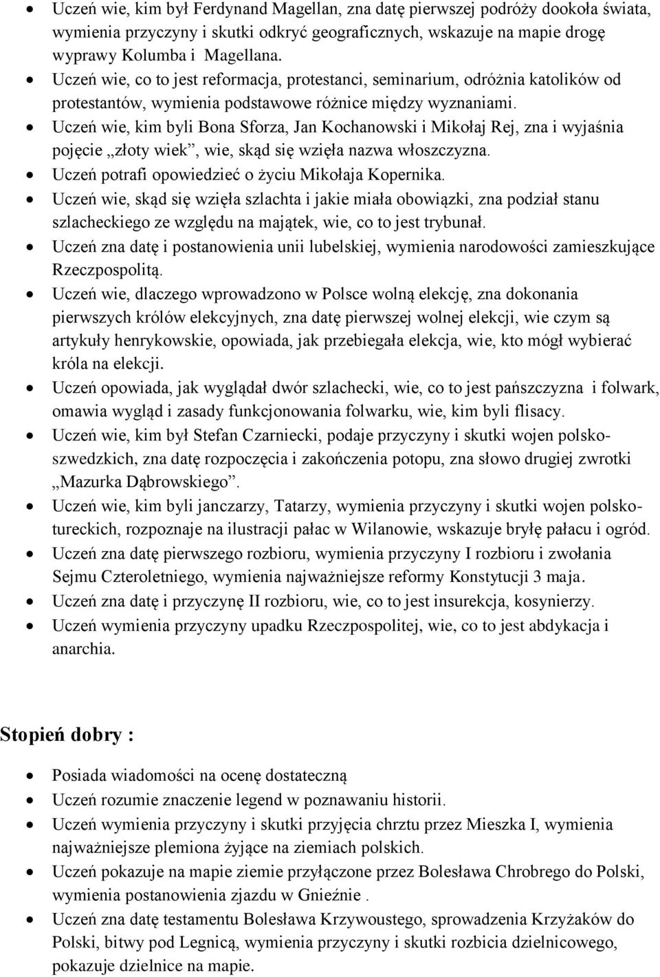 Uczeń wie, kim byli Bona Sforza, Jan Kochanowski i Mikołaj Rej, zna i wyjaśnia pojęcie złoty wiek, wie, skąd się wzięła nazwa włoszczyzna. Uczeń potrafi opowiedzieć o życiu Mikołaja Kopernika.