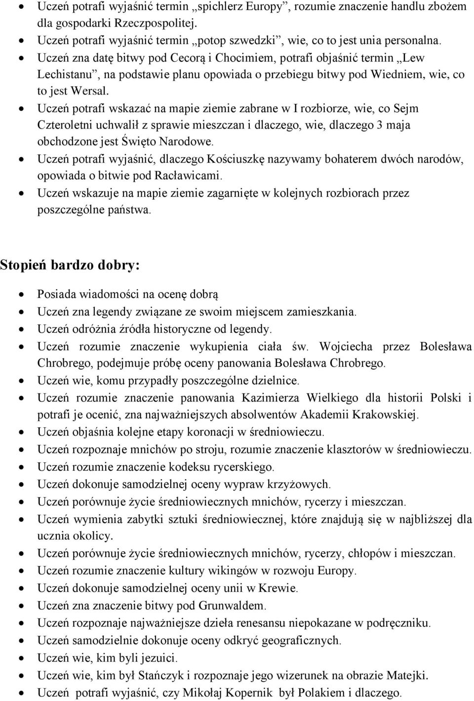 Uczeń potrafi wskazać na mapie ziemie zabrane w I rozbiorze, wie, co Sejm Czteroletni uchwalił z sprawie mieszczan i dlaczego, wie, dlaczego 3 maja obchodzone jest Święto Narodowe.