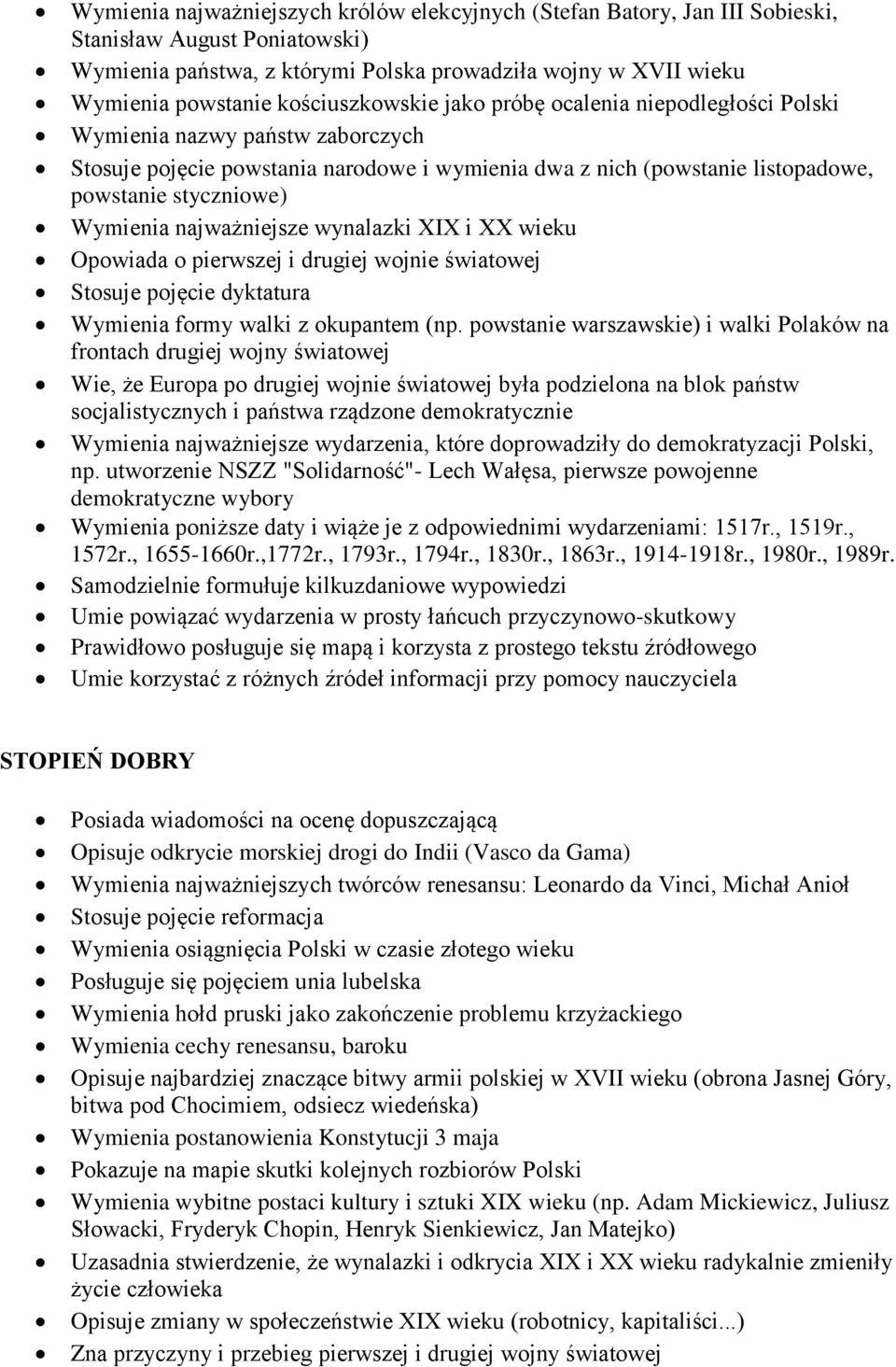 Wymienia najważniejsze wynalazki XIX i XX wieku Opowiada o pierwszej i drugiej wojnie światowej Stosuje pojęcie dyktatura Wymienia formy walki z okupantem (np.