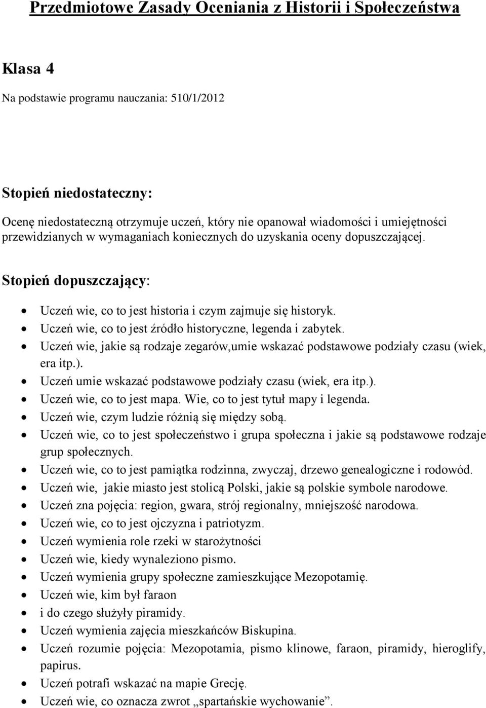 Uczeń wie, co to jest źródło historyczne, legenda i zabytek. Uczeń wie, jakie są rodzaje zegarów,umie wskazać podstawowe podziały czasu (wiek, era itp.).