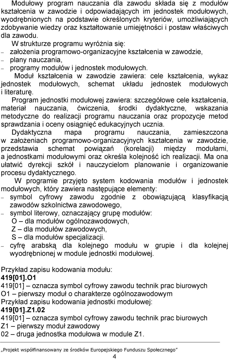 W strukturze programu wyróżnia się: założenia programowo-organizacyjne kształcenia w zawodzie, plany nauczania, programy modułów i jednostek modułowych.