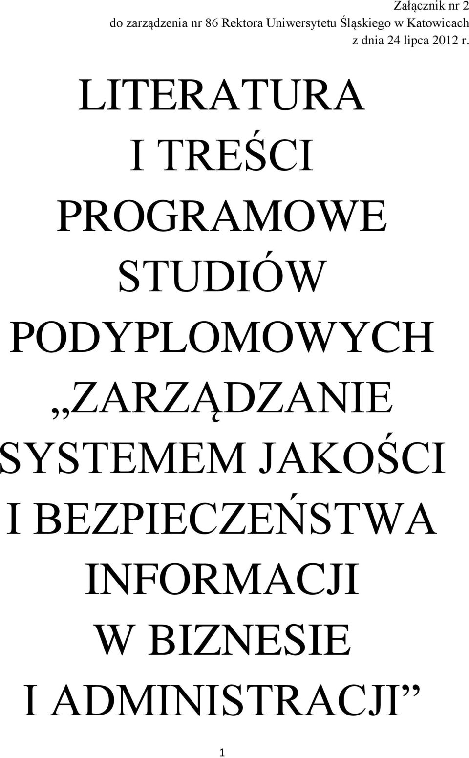 LITERATURA I TREŚCI PROGRAMOWE STUDIÓW PODYPLOMOWYCH