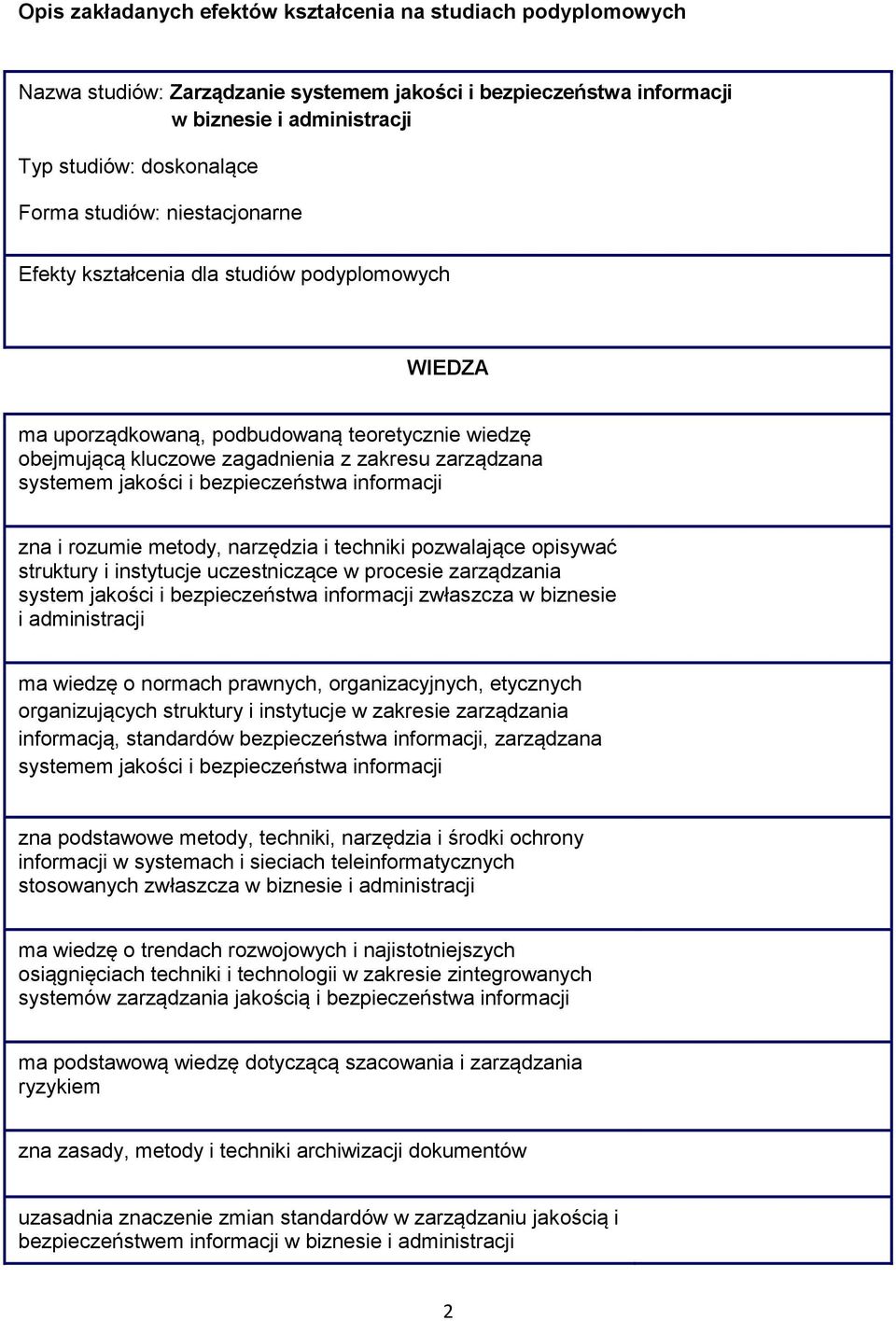 informacji zna i rozumie metody, narzędzia i techniki pozwalające opisywać struktury i instytucje uczestniczące w procesie zarządzania system jakości i bezpieczeństwa informacji zwłaszcza w biznesie