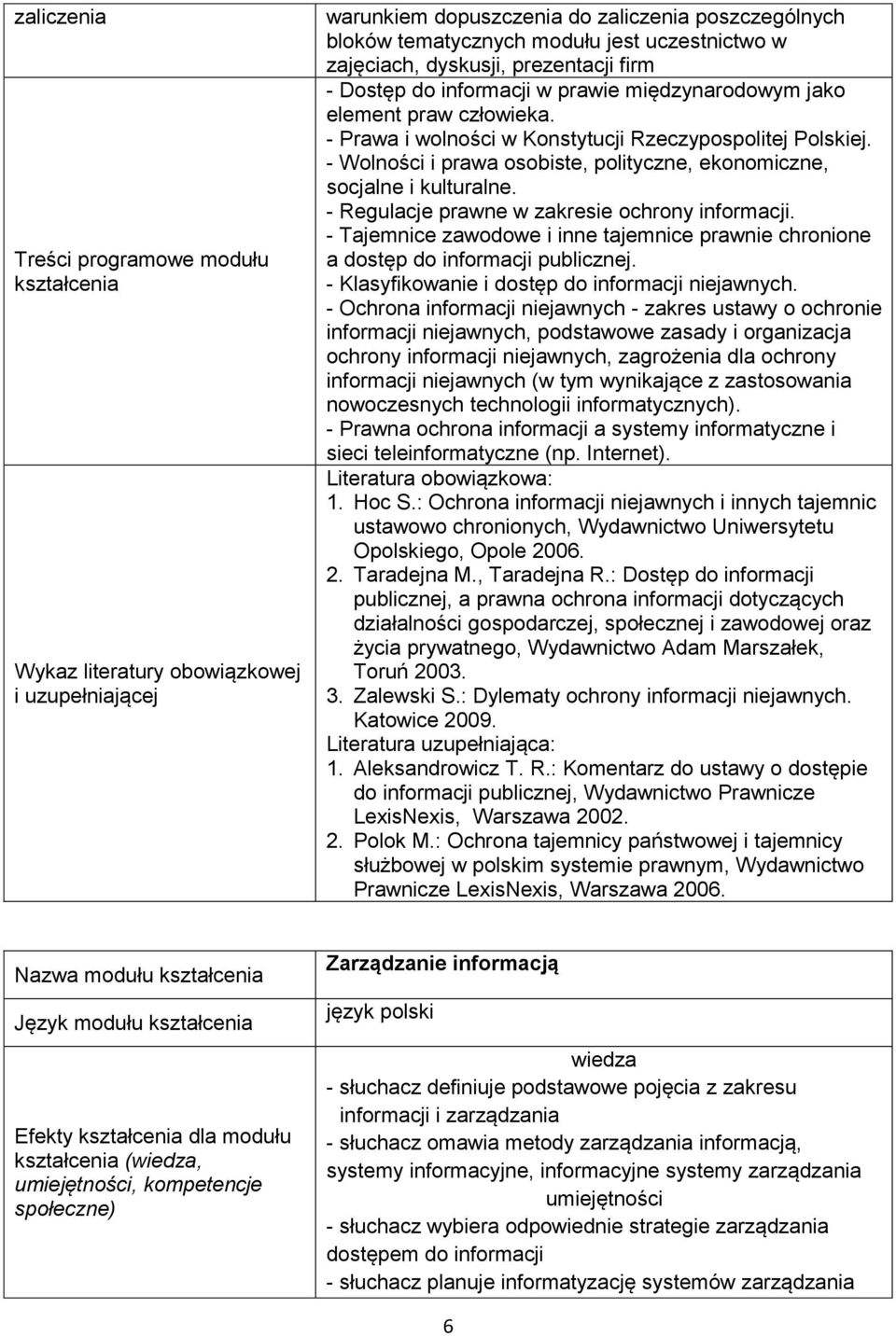 - Regulacje prawne w zakresie ochrony informacji. - Tajemnice zawodowe i inne tajemnice prawnie chronione a dostęp do informacji publicznej. - Klasyfikowanie i dostęp do informacji niejawnych.