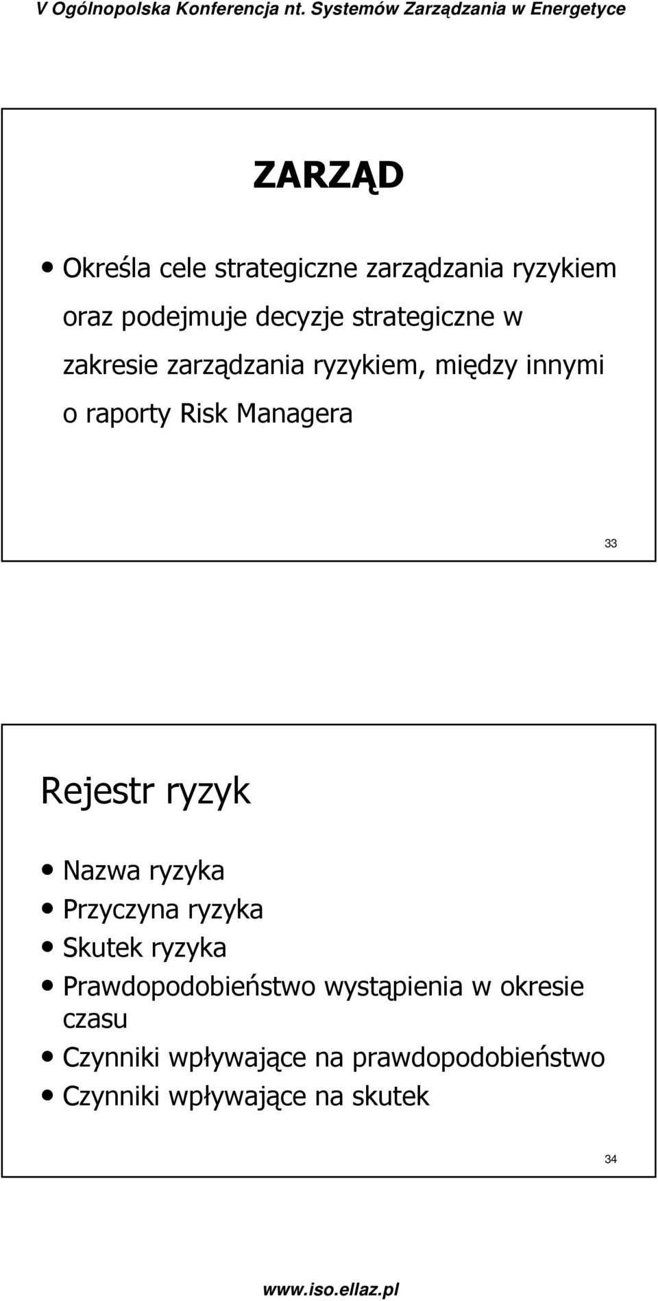 33 Rejestr ryzyk Nazwa ryzyka Przyczyna ryzyka Skutek ryzyka Prawdopodobieństwo