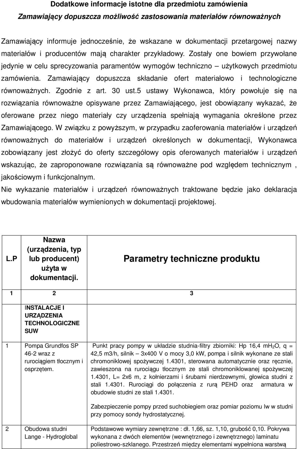 Zamawiający dopuszcza składanie ofert materiałowo i technologiczne równoważnych. Zgodnie z art. 30 ust.