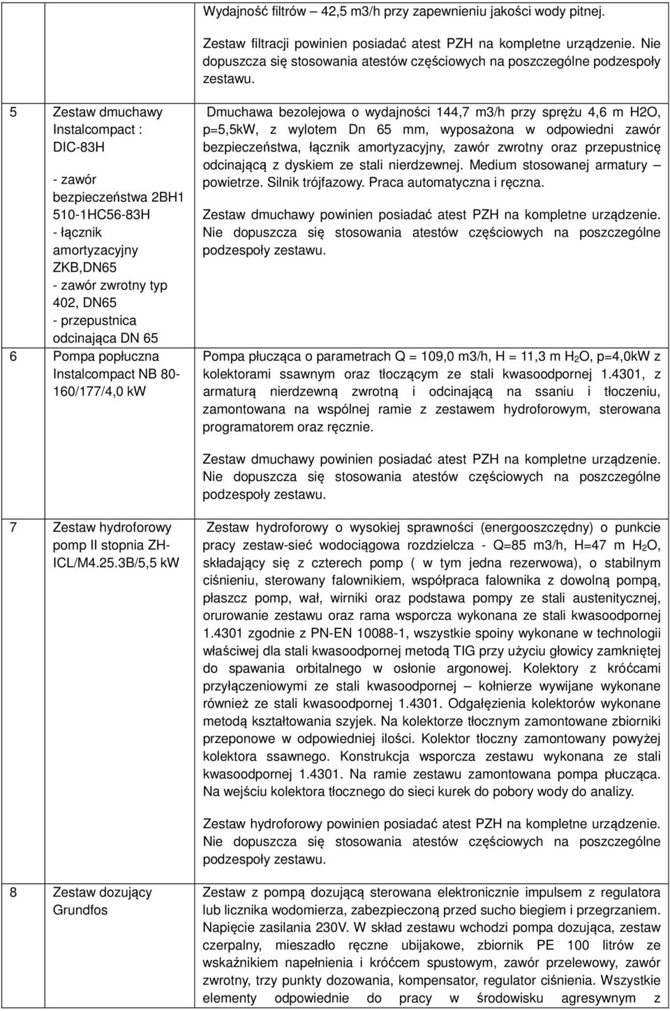 5 Zestaw dmuchawy Instalcompact : DIC-83H - zawór bezpieczeństwa 2BH1 510-1HC56-83H - łącznik amortyzacyjny ZKB,DN65 - zawór zwrotny typ 402, DN65 - przepustnica odcinająca DN 65 6 Pompa popłuczna