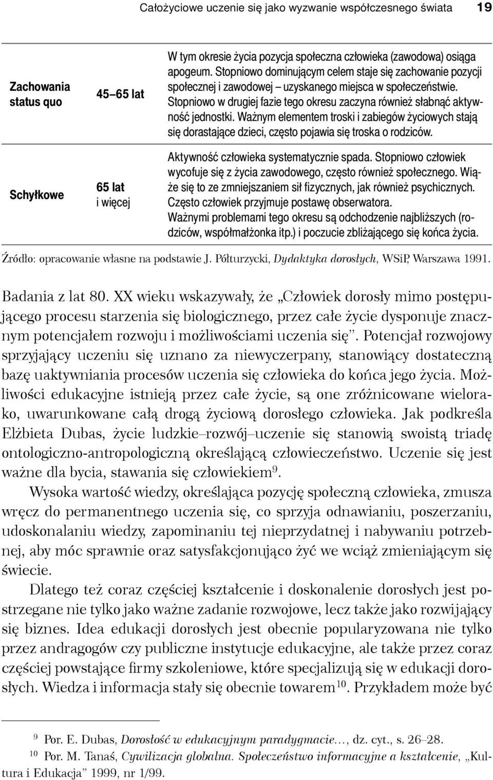 Ważnym elementem troski i zabiegów życiowych stają się dorastające dzieci, często pojawia się troska o rodziców. Aktywność człowieka systematycznie spada.