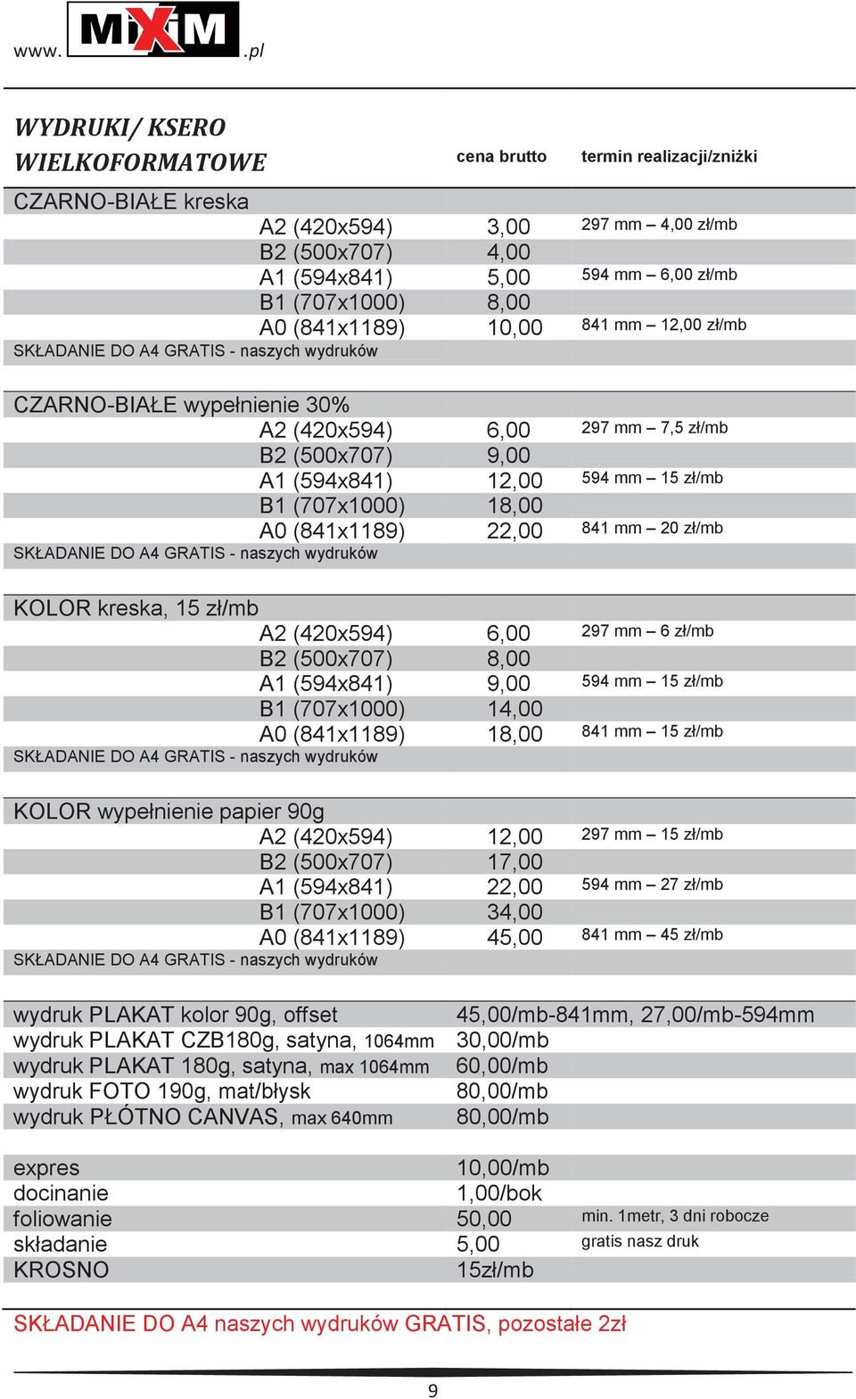 841 mm 20 zł/mb SKŁADANIE DO A4 GRATIS - naszych wydruków KOLOR kreska, 15 zł/mb A2 (420x594) 6,00 297 mm 6 zł/mb B2 (500x707) 8,00 A1 (594x841) 9,00 594 mm 15 zł/mb B1 (707x1000) 14,00 A0 (841x1189)