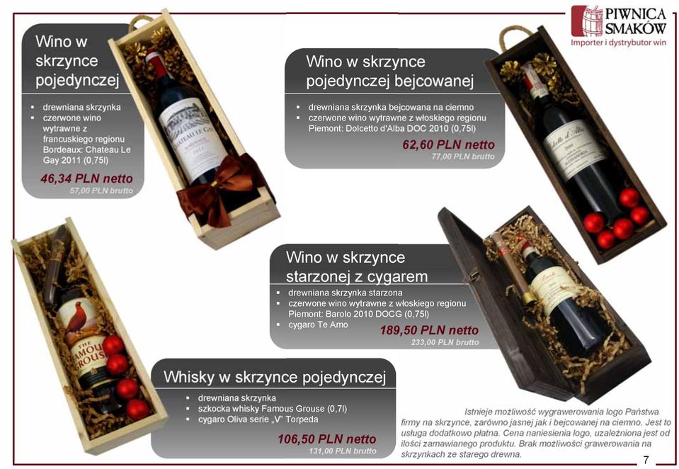 cygarem drewniana skrzynka starzona czerwone wino wytrawne z włoskiego regionu Piemont: Barolo 2010 DOCG (0,75l) cygaro Te Amo 189,50 PLN netto 233,00 PLN brutto Whisky w skrzynce pojedynczej