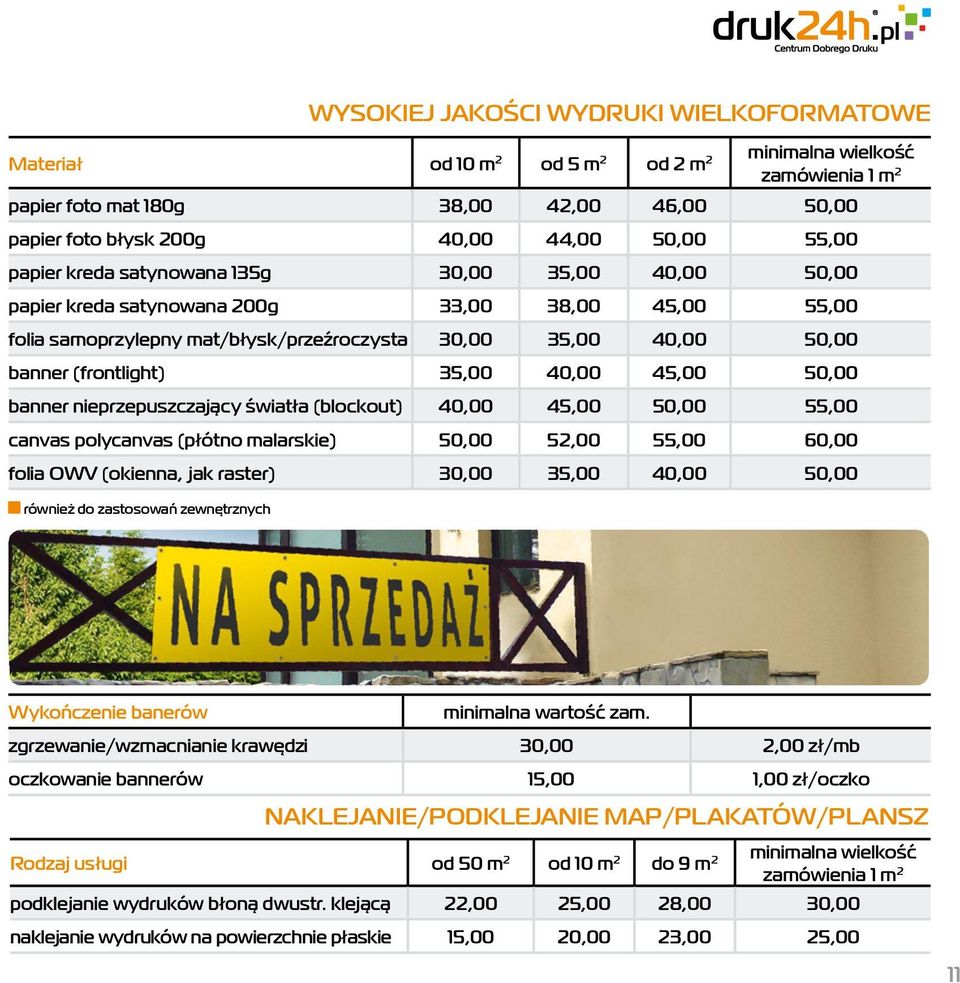 35,00 40,00 45,00 50,00 banner nieprzepuszczający światła (blockout) 40,00 45,00 50,00 55,00 canvas polycanvas (płótno malarskie) 50,00 52,00 55,00 60,00 folia OWV (okienna, jak raster) 30,00 35,00