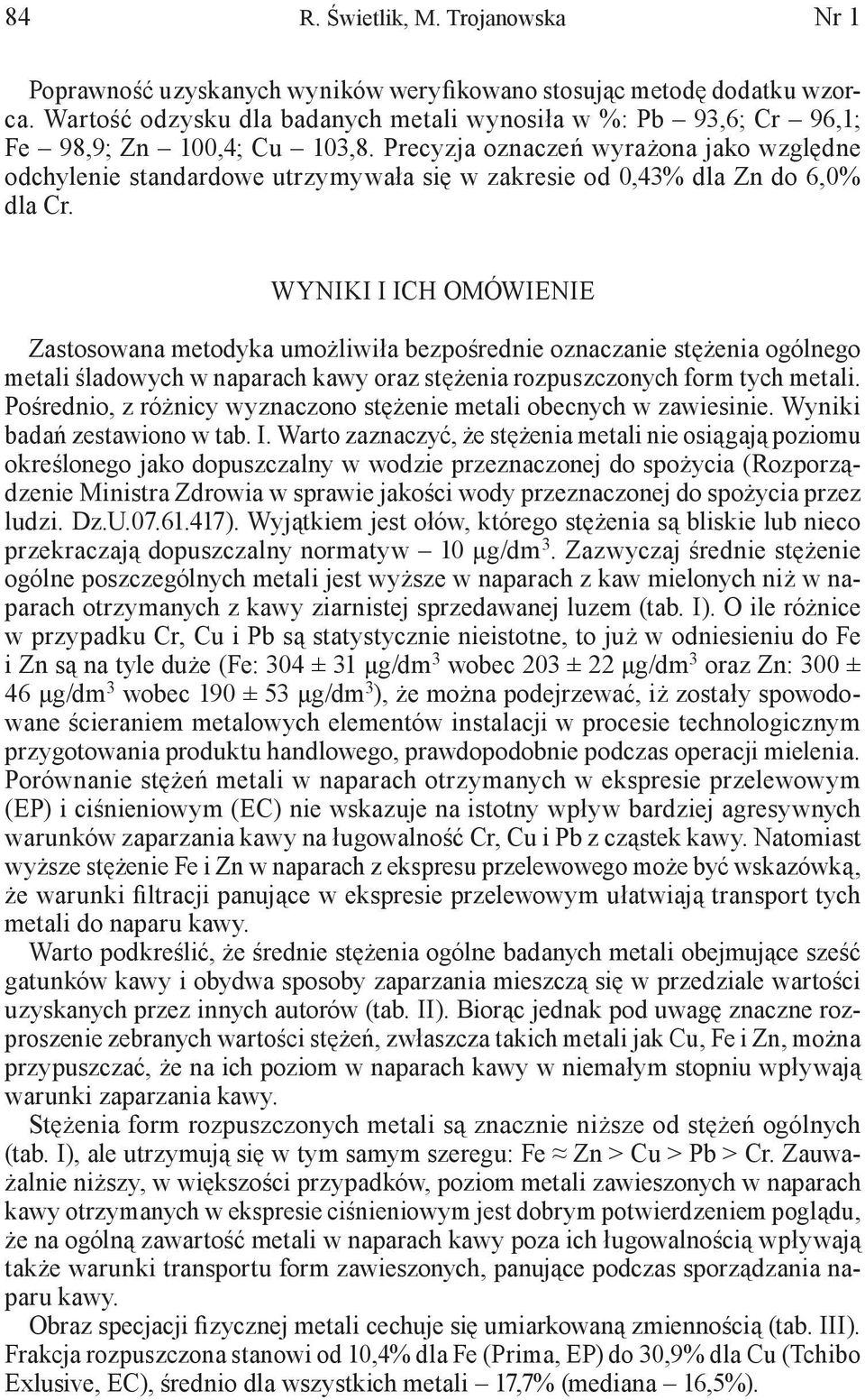 Precyzja oznaczeń wyrażona jako względne odchylenie standardowe utrzymywała się w zakresie od 0,43% dla Zn do 6,0% dla Cr.