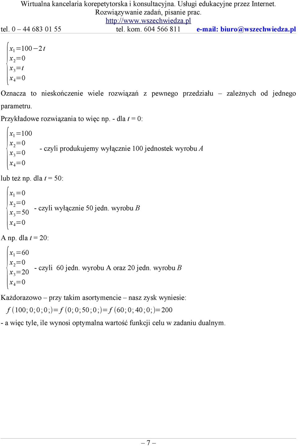 dla t = 50: {x1 =50 x 4 - czyli wyłącznie 50 jedn. wyrobu B A np. dla t = 20: {x1=60 =20 x 4 - czyli 60 jedn. wyrobu A oraz 20 jedn.