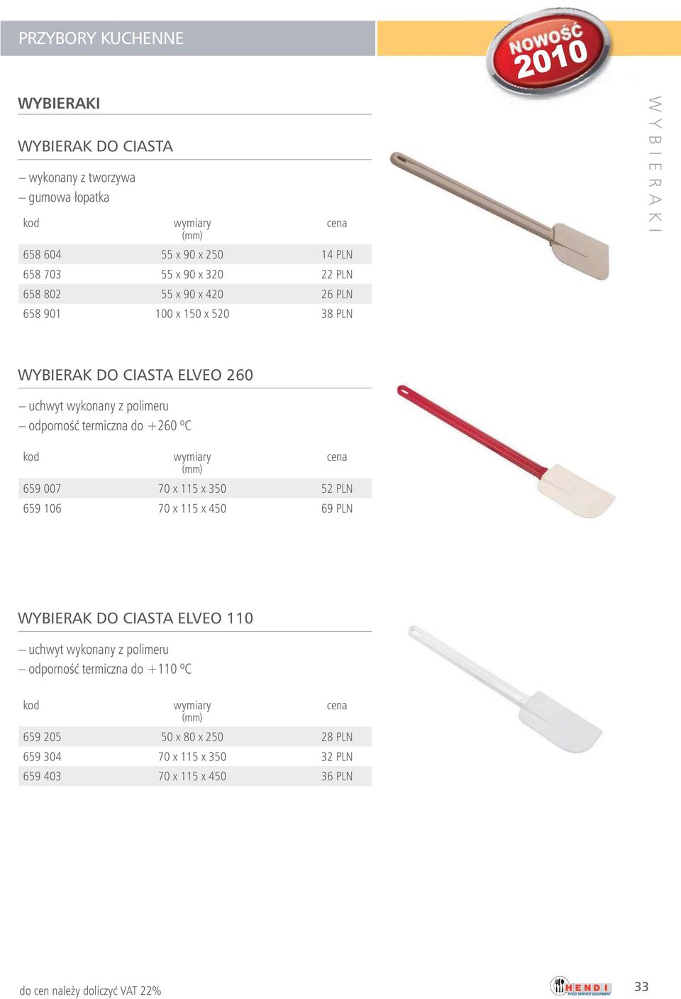 odpornoêç termiczna do +260 ºC 659 007 70 x 115 x 350 52 PLN 659 106 70 x 115 x 450 69 PLN WYBIERAK DO CIASTA ELVEO 110 uchwyt