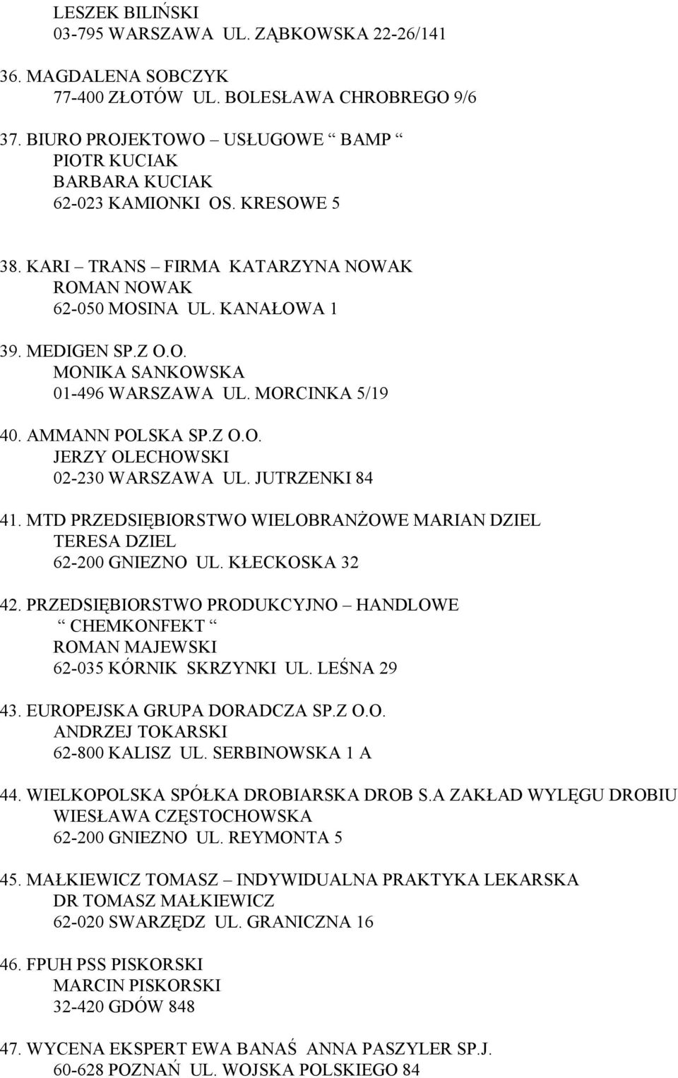 MORCINKA 5/19 40. AMMANN POLSKA SP.Z O.O. JERZY OLECHOWSKI 02-230 WARSZAWA UL. JUTRZENKI 84 41. MTD PRZEDSIĘBIORSTWO WIELOBRANŻOWE MARIAN DZIEL TERESA DZIEL 62-200 GNIEZNO UL. KŁECKOSKA 32 42.