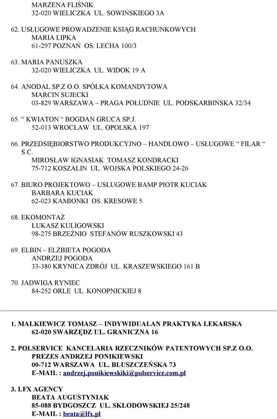 PRZEDSIĘBIORSTWO PRODUKCYJNO HANDLOWO USŁUGOWE FILAR S.C. MIROSŁAW IGNASIAK TOMASZ KONDRACKI 75-712 KOSZALIN UL. WOJSKA POLSKIEGO 24-26 67.