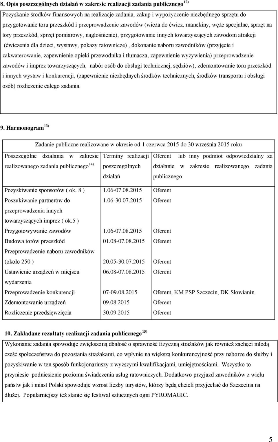 manekiny, węże specjalne, sprzęt na tory przeszkód, sprzęt pomiarowy, nagłośnienie), przygotowanie innych towarzyszących zawodom atrakcji (ćwiczenia dla dzieci, wystawy, pokazy ratownicze), dokonanie