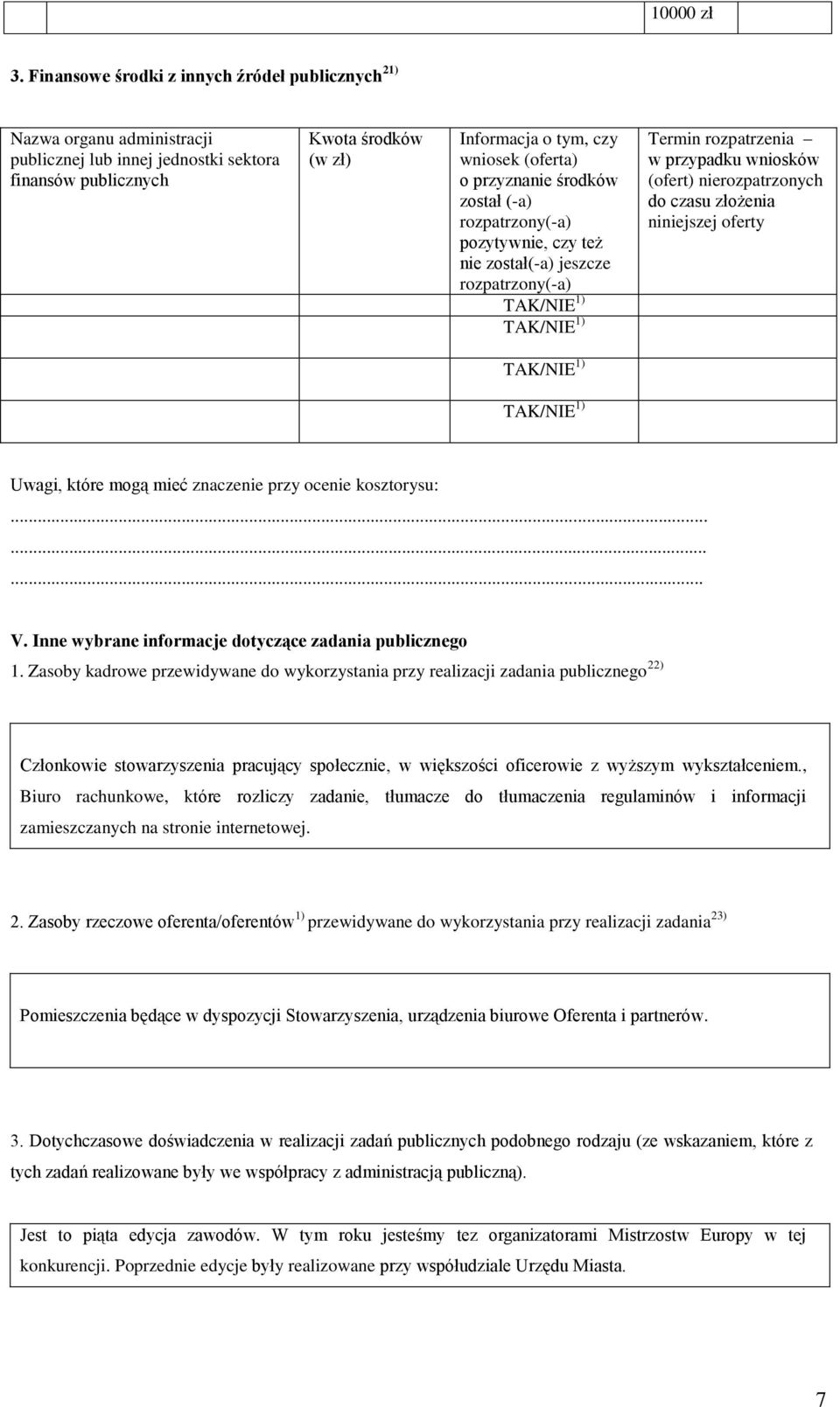 przyznanie środków został (-a) rozpatrzony(-a) pozytywnie, czy też nie został(-a) jeszcze rozpatrzony(-a) TAK/NIE 1) TAK/NIE 1) Termin rozpatrzenia w przypadku wniosków (ofert) nierozpatrzonych do