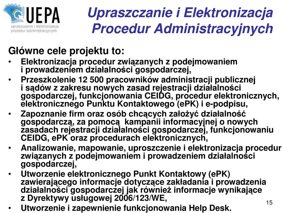 e-podpisu, Zapoznanie firm oraz osób chcących założyć działalność gospodarczą, za pomocą kampanii informacyjnej o nowych zasadach rejestracji działalności gospodarczej, funkcjonowaniu CEIDG, epk oraz