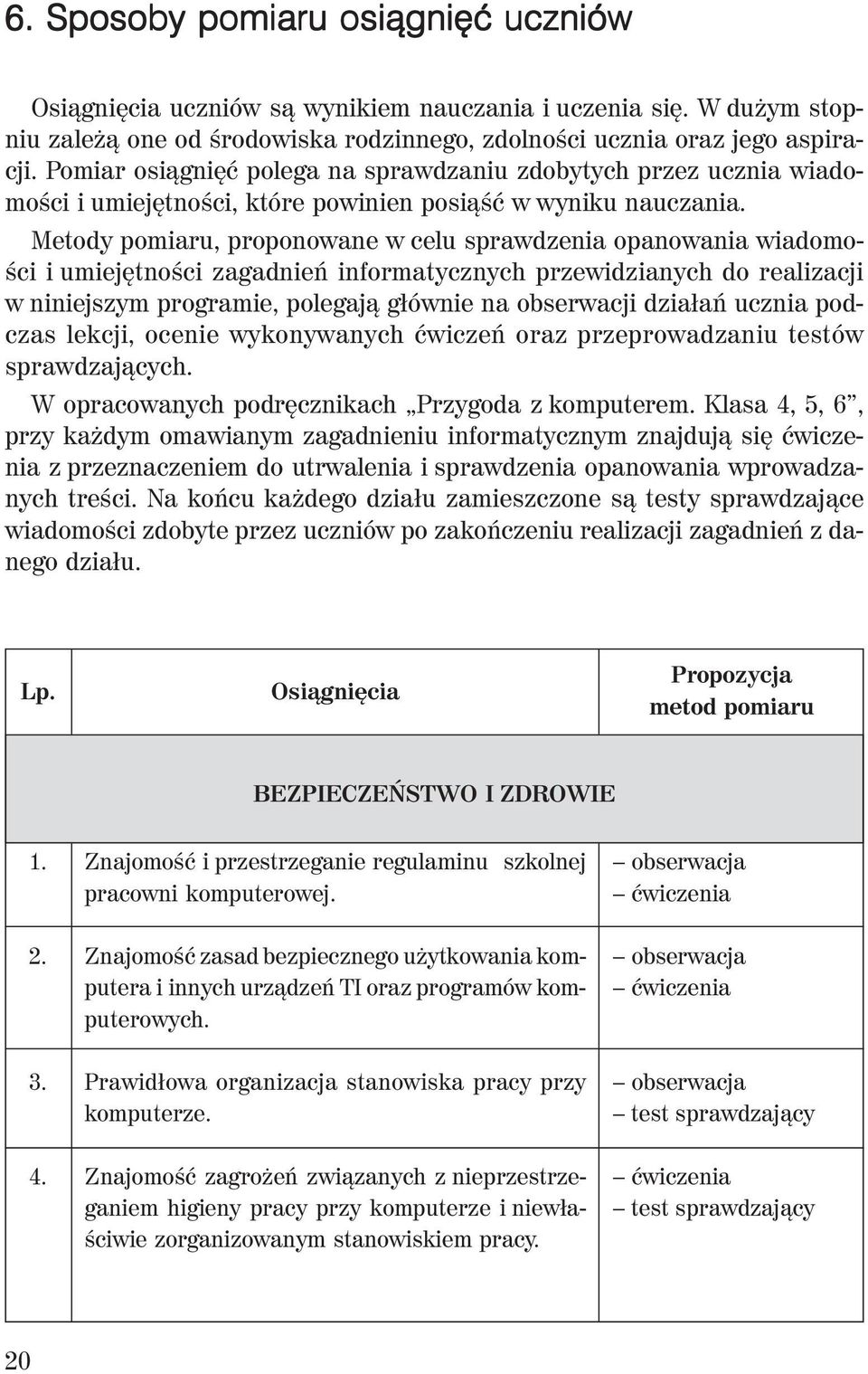 Metody pomiaru, proponowane w celu sprawdzenia opanowania wiadomości i umiejętności zagadnień informatycznych przewidzianych do realizacji w niniejszym programie, polegają głównie na obserwacji