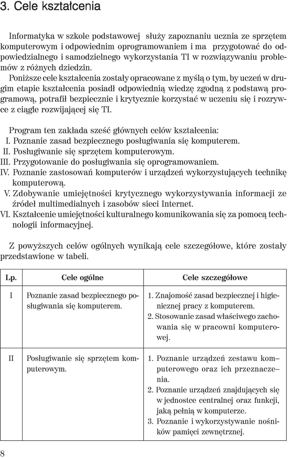 Poniższe cele kształcenia zostały opracowane z myślą o tym, by uczeń w drugim etapie kształcenia posiadł odpowiednią wiedzę zgodną z podstawą programową, potrafił bezpiecznie i krytycznie korzystać w