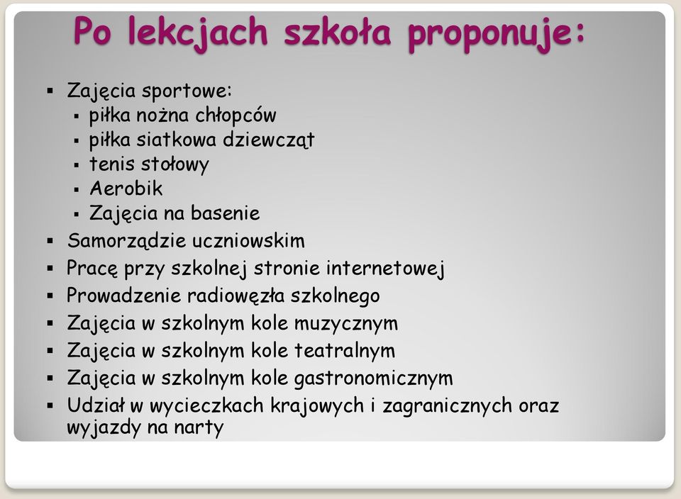 Prowadzenie radiowęzła szkolnego Zajęcia w szkolnym kole muzycznym Zajęcia w szkolnym kole teatralnym