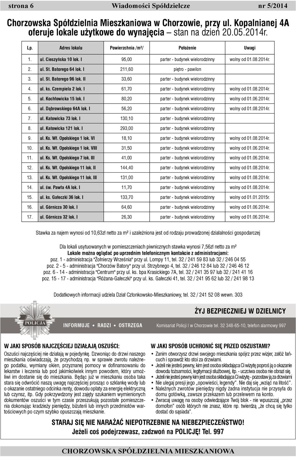 II 33,60 parter - budynek wielorodzinny 4. ul. ks. Czempiela 2 lok. I 61,70 parter - budynek wielorodzinny wolny od 01.08.2014r. 5. ul. Kochłowicka 15 lok.