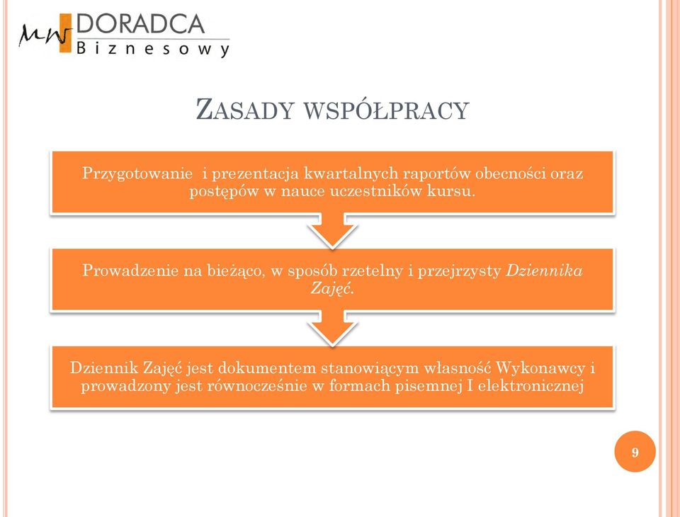 Prowadzenie na bieżąco, w sposób rzetelny i przejrzysty Dziennika Zajęć.