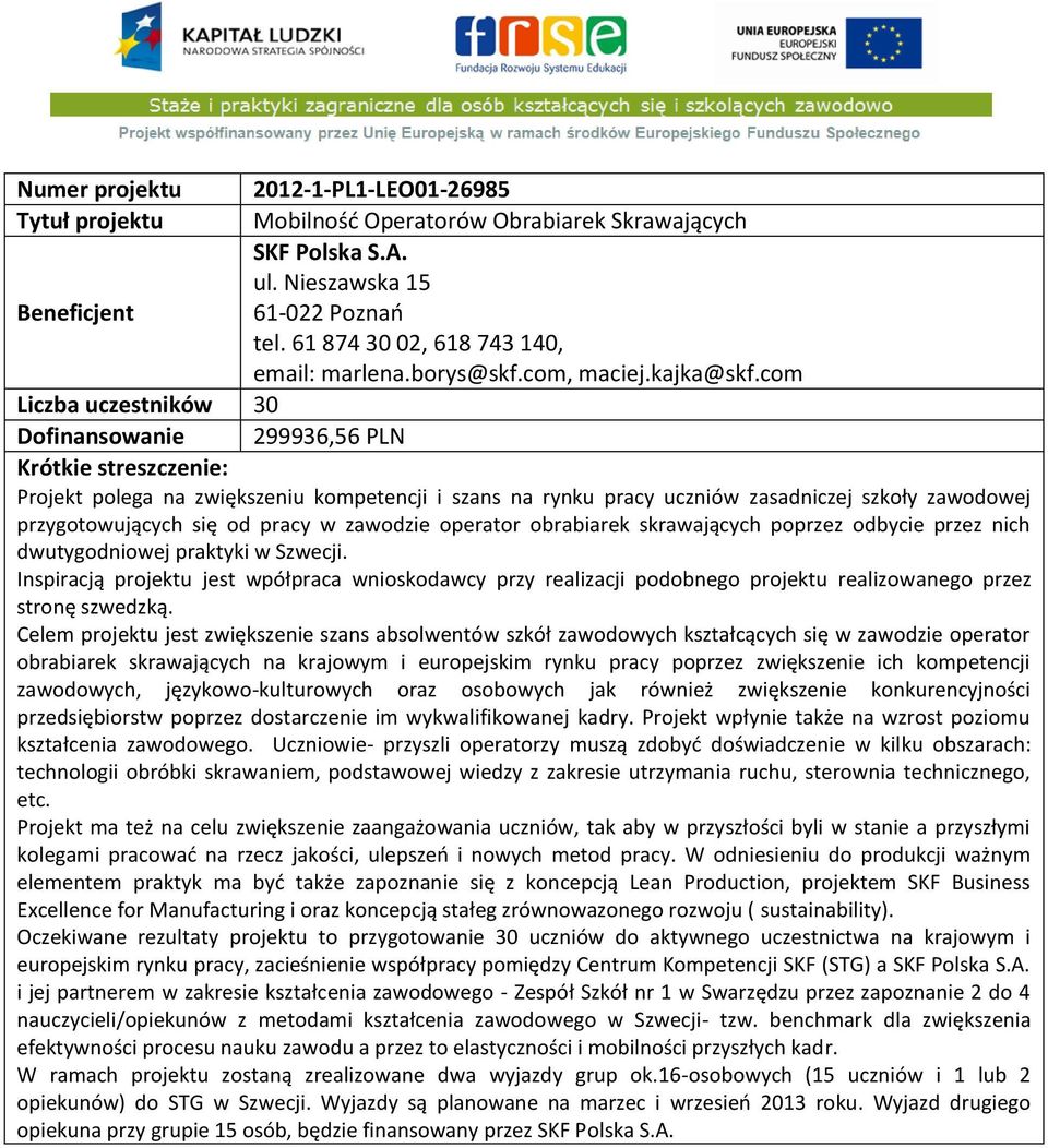 com Liczba uczestników 30 Dofinansowanie 299936,56 PLN Projekt polega na zwiększeniu kompetencji i szans na rynku pracy uczniów zasadniczej szkoły zawodowej przygotowujących się od pracy w zawodzie