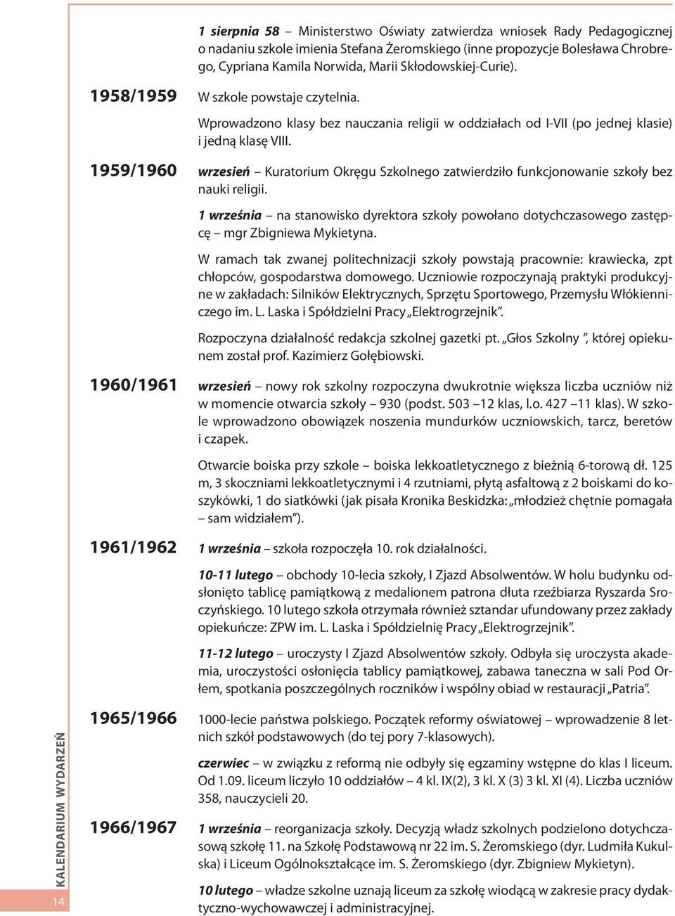 1959/1960 wrzesień Kuratorium Okręgu Szkolnego zatwierdziło funkcjonowanie szkoły bez nauki religii.