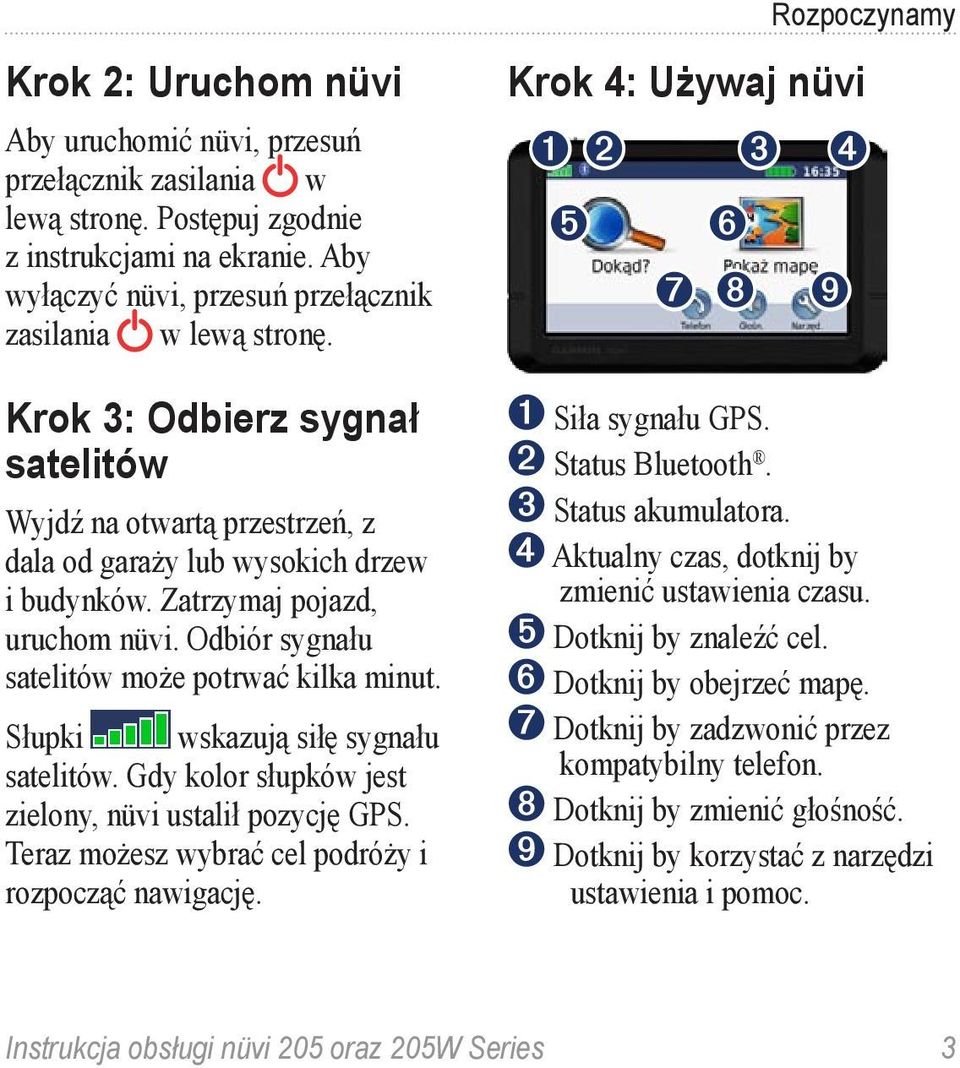 Słupki wskazują siłę sygnału satelitów. Gdy kolor słupków jest zielony, nüvi ustalił pozycję GPS. Teraz możesz wybrać cel podróży i rozpocząć nawigację.