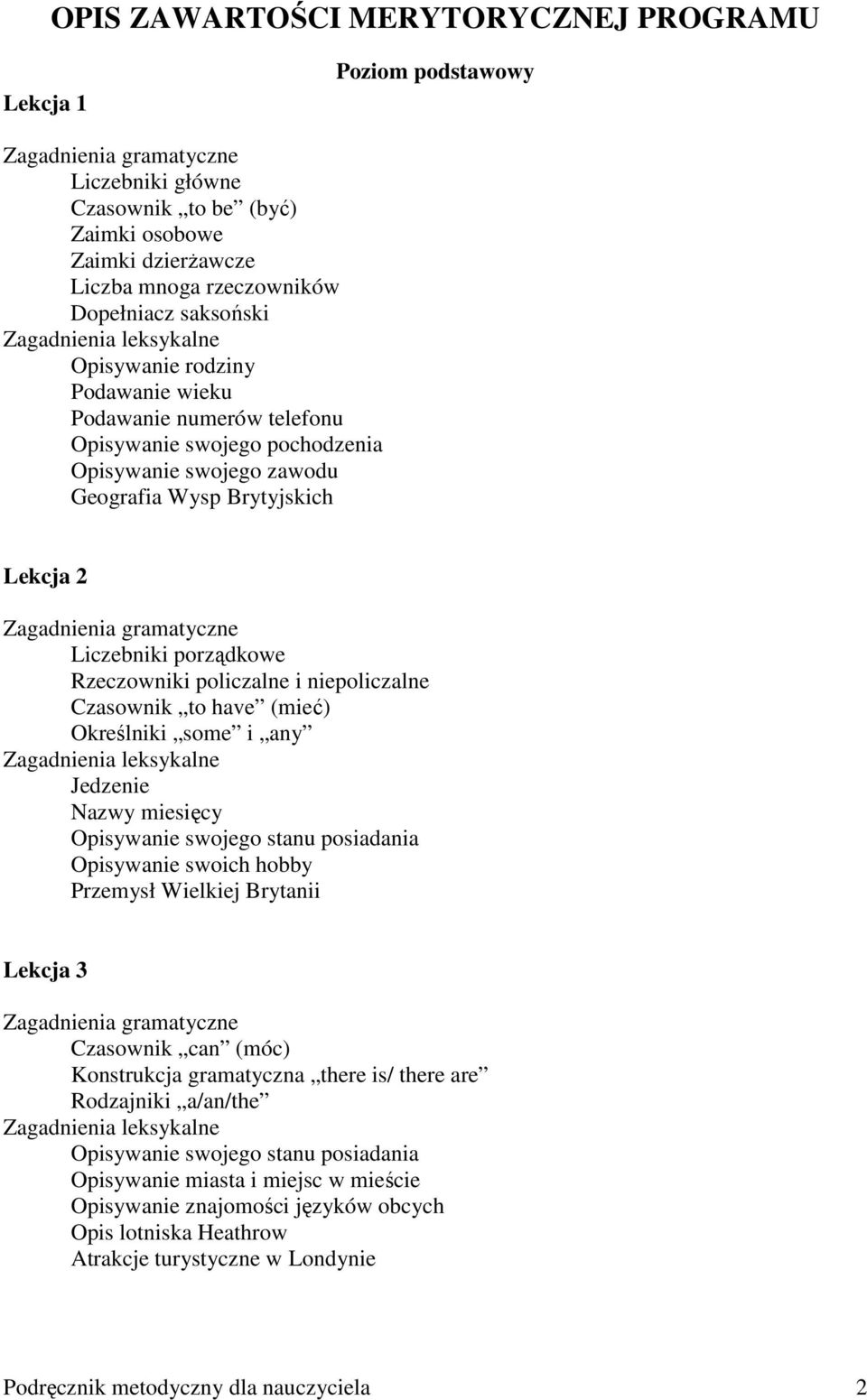 Zagadnienia gramatyczne Liczebniki porządkowe Rzeczowniki policzalne i niepoliczalne Czasownik to have (mieć) Określniki some i any Zagadnienia leksykalne Jedzenie Nazwy miesięcy Opisywanie swojego