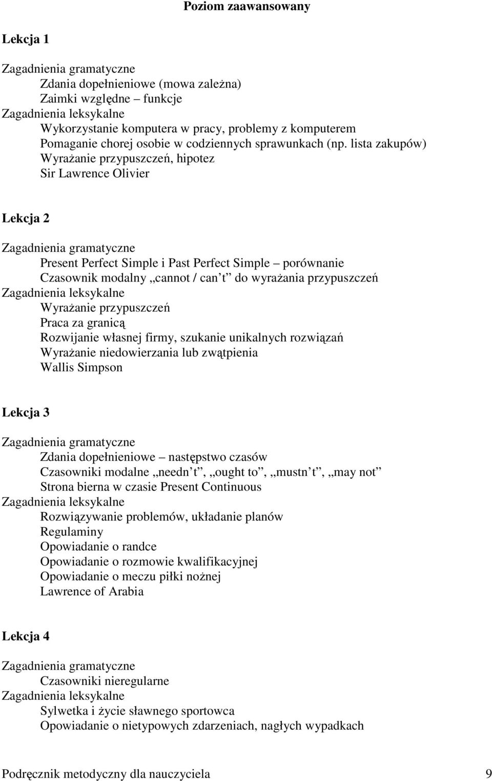 lista zakupów) WyraŜanie przypuszczeń, hipotez Sir Lawrence Olivier Lekcja 2 Zagadnienia gramatyczne Present Perfect Simple i Past Perfect Simple porównanie Czasownik modalny cannot / can t do