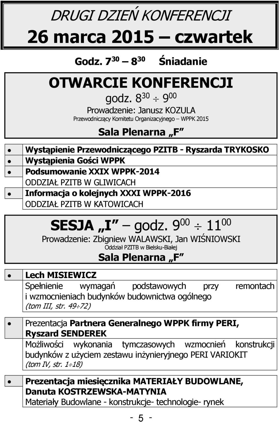 ODDZIAŁ PZITB W GLIWICACH Informacja o kolejnych XXXI WPPK-2016 ODDZIAŁ PZITB W KATOWICACH SESJA I godz.