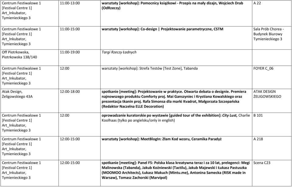 12:00-18:00 spotkanie [meeting]: Projektowanie w praktyce. Otwarta debata o designie. Premiera najnowszego produktu Comforty proj. Mai Ganszyniec i Krystiana Kowalskiego oraz prezentacja tkanin proj.