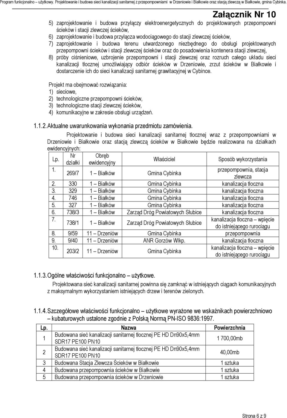 ciśnieniowe, uzbrojenie przepompowni i stacji zlewczej oraz rozruch całego układu sieci kanalizacji tłocznej umożliwiający odbiór ścieków w Drzeniowie, zrzut ścieków w Białkowie i dostarczenie ich do