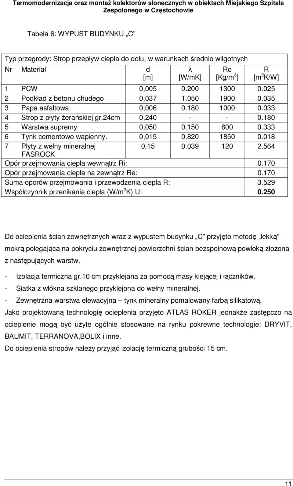 333 6 Tynk cementowo wapienny. 0,015 0.820 1850 0.018 7 Płyty z wełny mineralnej 0,15 0.039 120 2.564 FASROCK Opór przejmowania ciepła wewnątrz Ri: 0.170 Opór przejmowania ciepła na zewnątrz Re: 0.